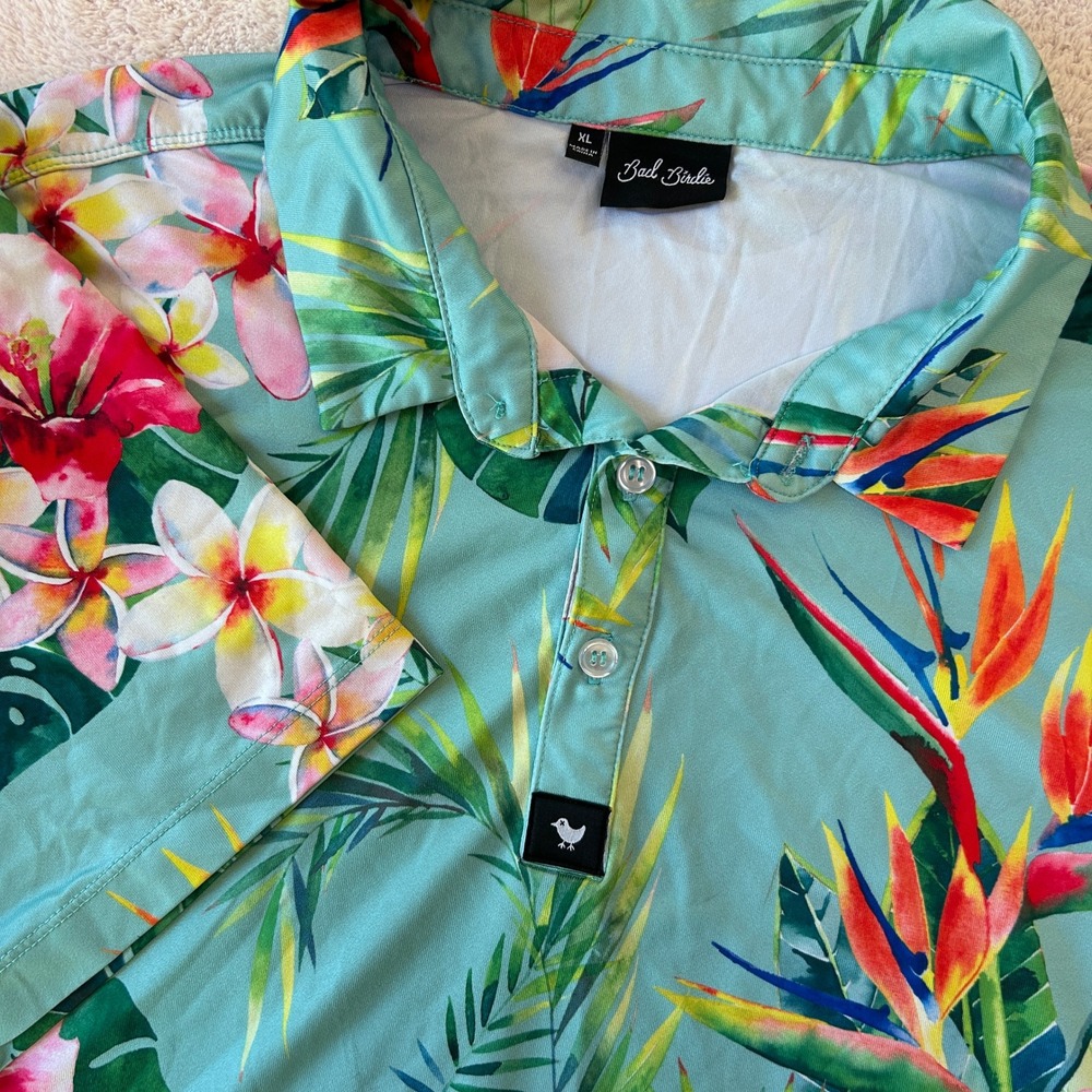 Bad Birdie Mens Tropical Floral Golf Polo Shirt Teal XL Hibiscus Bird Paradise